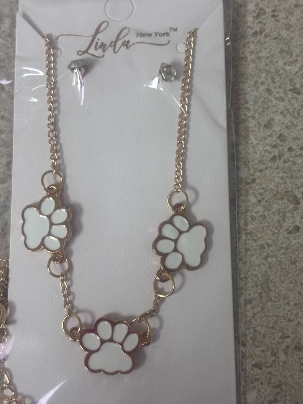 White Paw Print Necklace and earrings set- Gold Tone